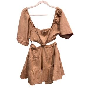 Free People cross of sunlight Mini Dress Tan Cutout Puff Sleeve Boho Small